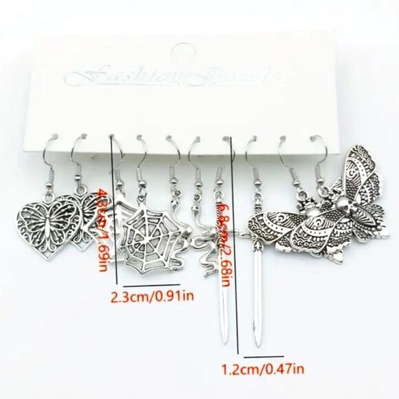 Goth heart skull butterfly spiderweb snake sword dagger earrings bundle - Picture 2 of 3